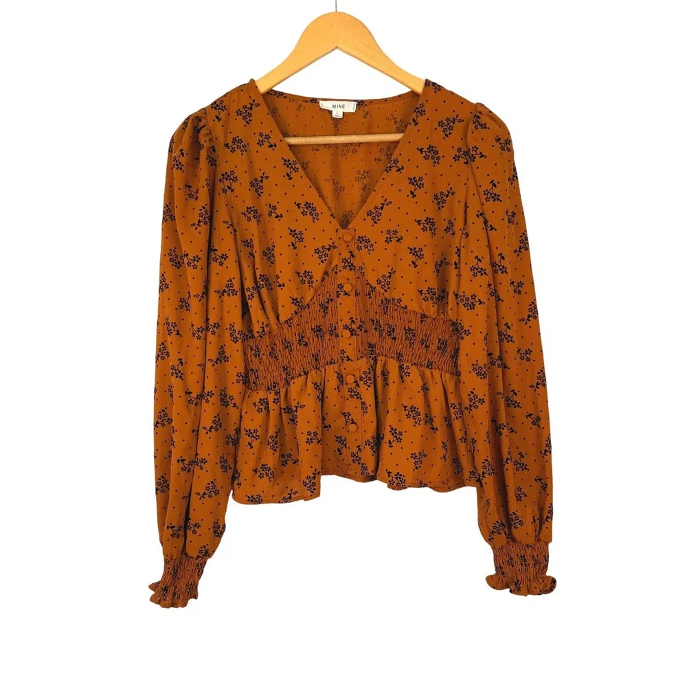 MINE Rust Floral Smocked Peplum Blouse V-Neck Puff Sleeve Large